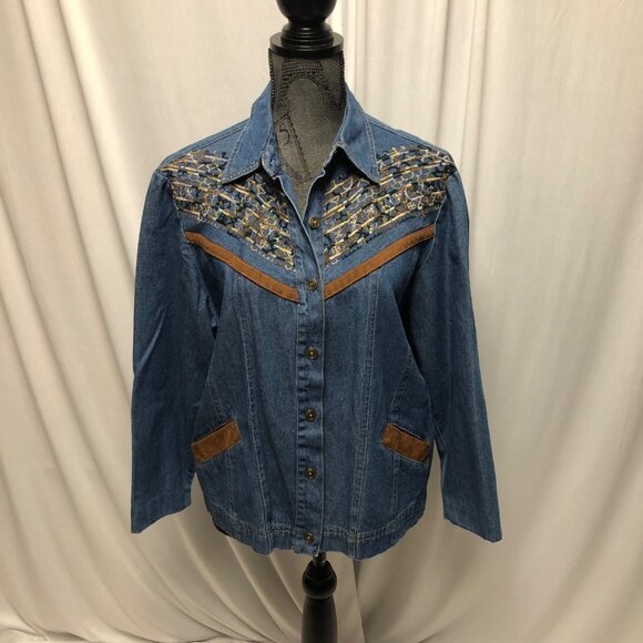 GW Graff Jean Shirt Jacket Womens Size Small Blue Denim Embroidered Western VTG - Picture 1 of 6